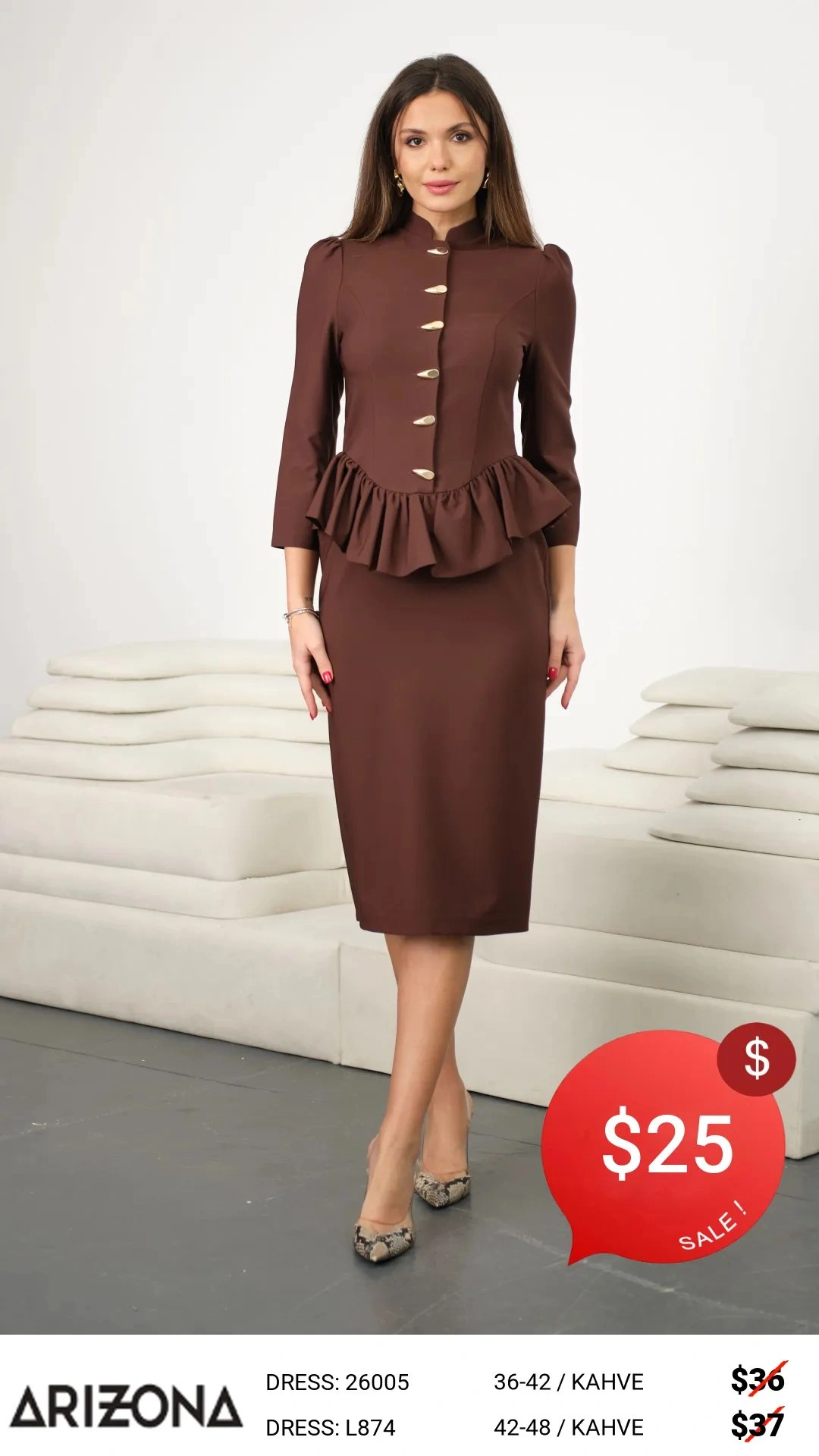 Платье, Arizona Dress, Коричневый, модель 26005, женская одежда оптом из Турции, Лалели