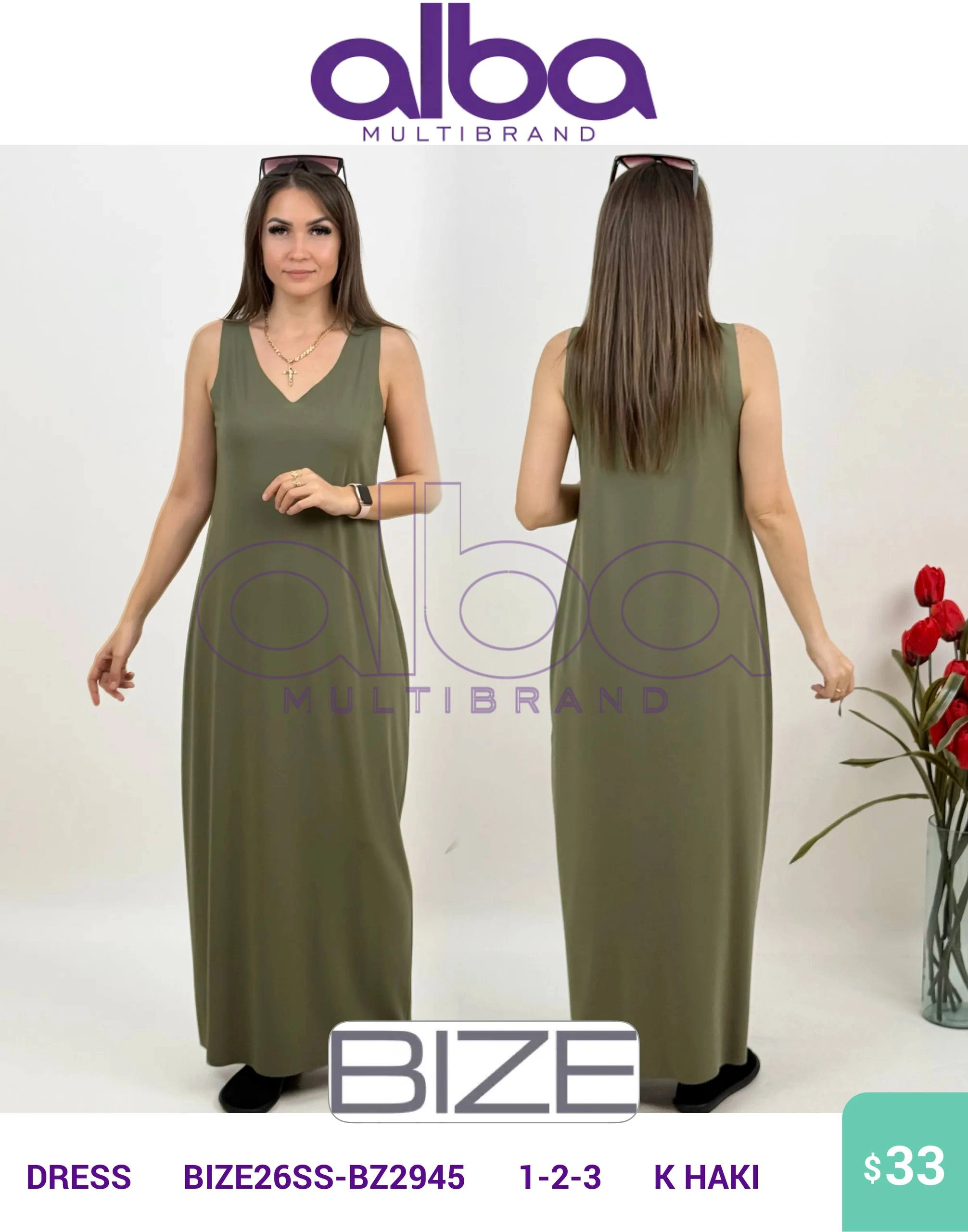 Платье, BIZE, Оливковый, модель BIZE26SS-BZ2945, женская одежда оптом из Турции, Лалели