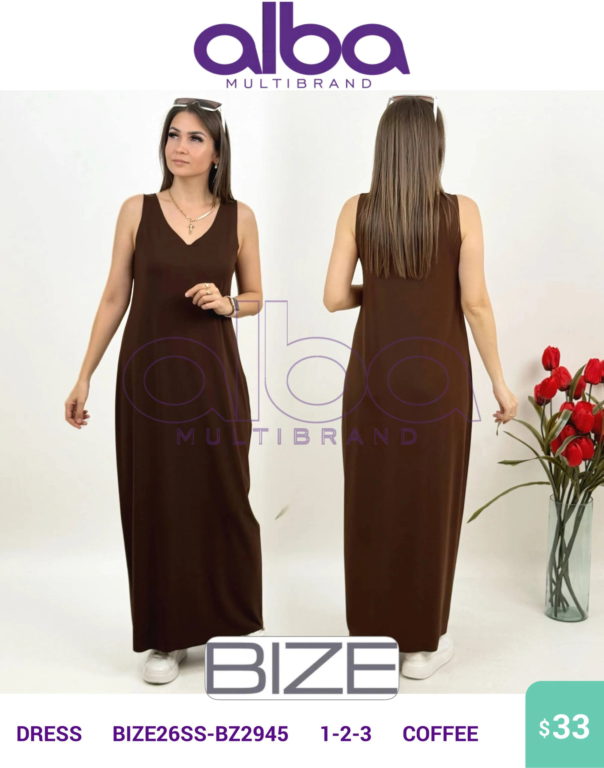 Платье, BIZE, Коричневый, модель BIZE26SS-BZ2945, женская одежда оптом из Турции, Лалели
