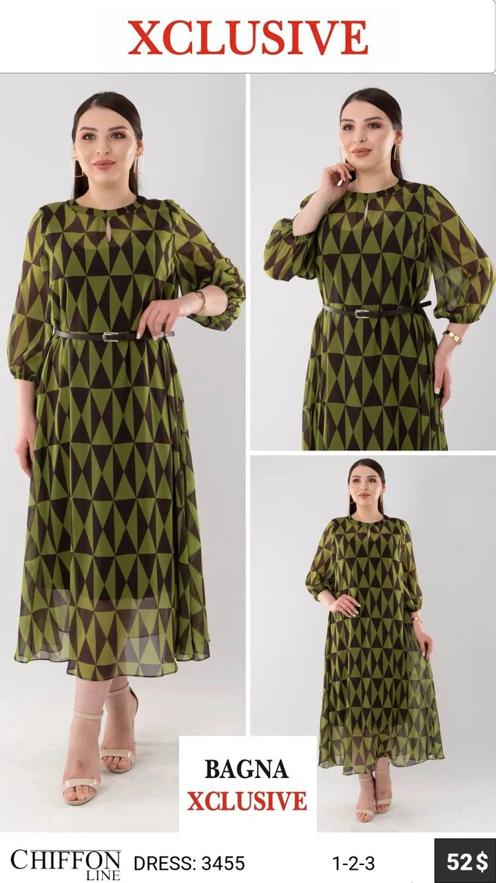 Платье, Chiffon Line, Оливковый, модель 3455, женская одежда оптом из Турции, Лалели