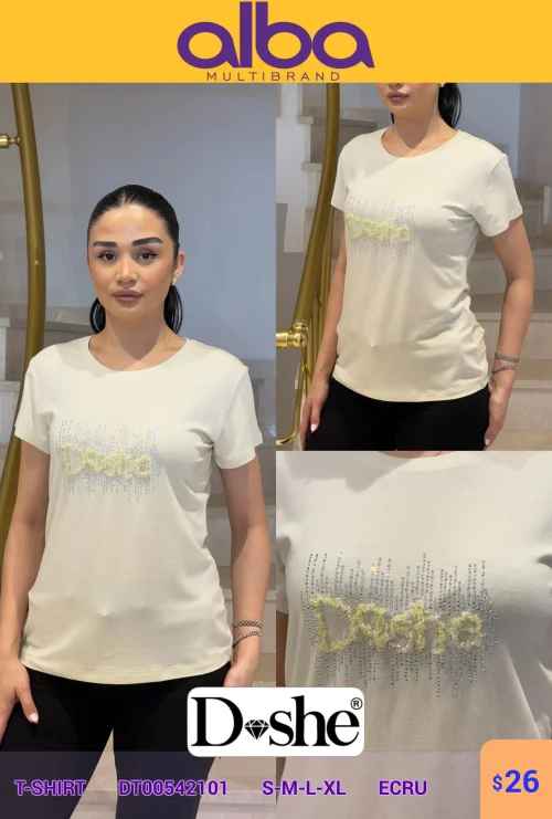 Футболка, DİSHE, Белый, модель DT00542101, женская одежда оптом из Турции, Лалели