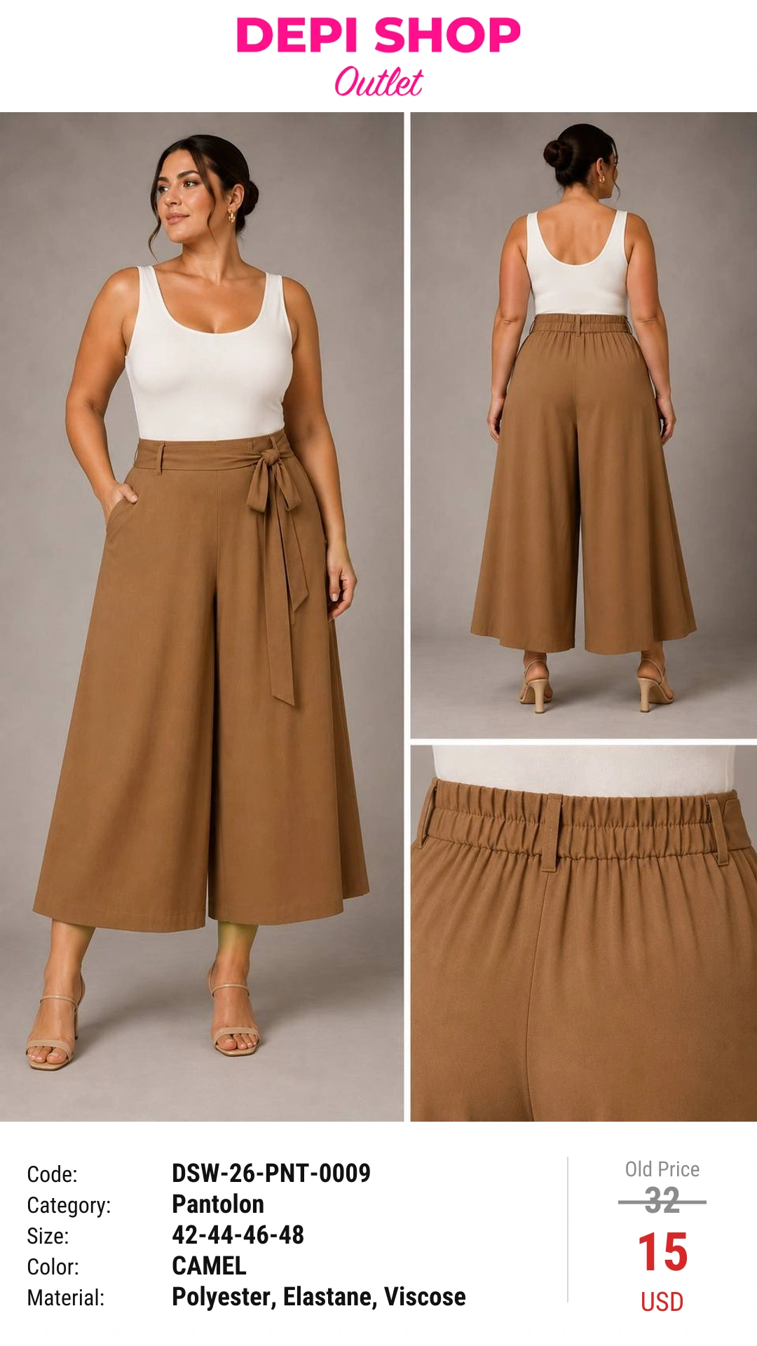 Брюки, Outlet, Camel, модель DSW-26-PNT-0009, женская одежда оптом из Турции, Лалели